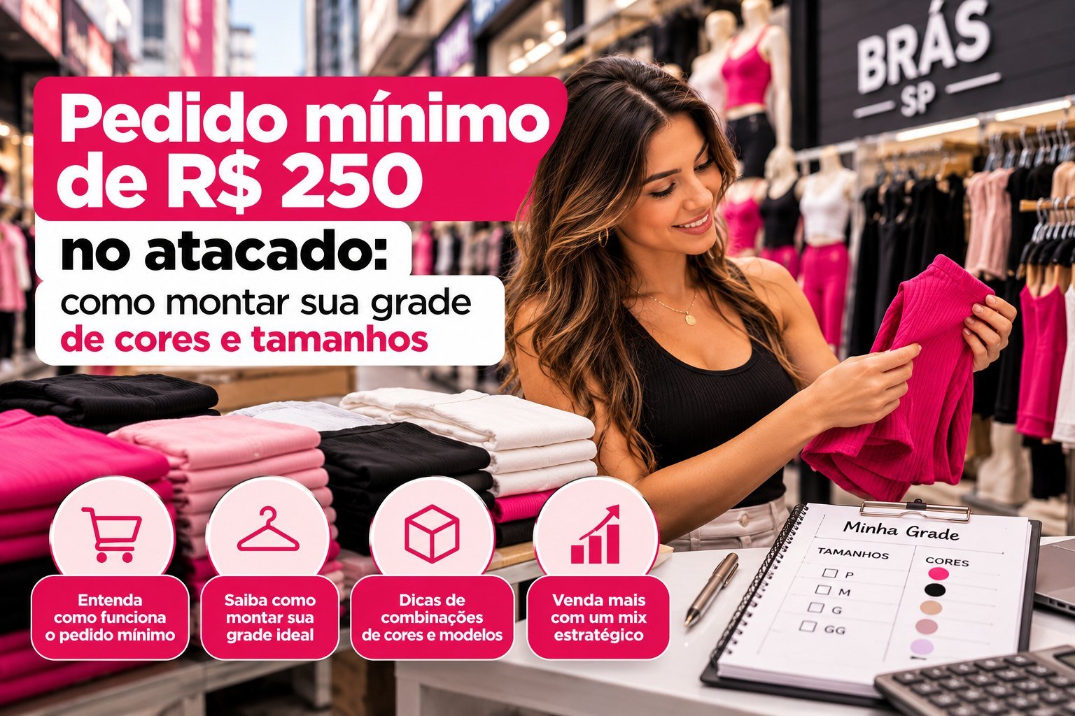 Lojista montando a grade de cores e tamanhos para o pedido mínimo de R$ 250 no atacado